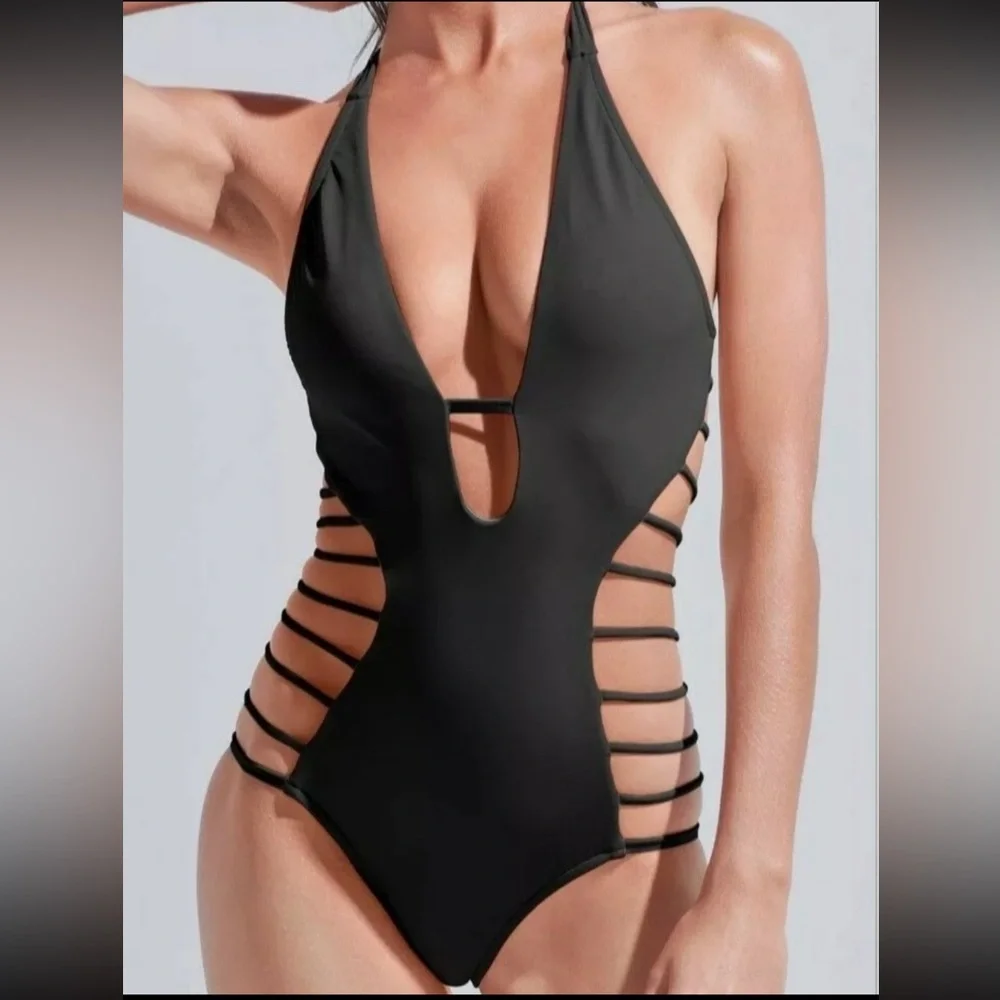 Sports Illustrated Swim Black Strappy Sides Plunging Halter One Piece Swimsuit